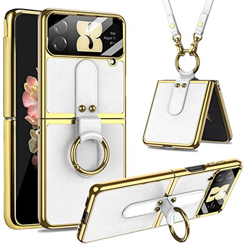 Miimall Lederhülle Kompatibel mit Samsung Galaxy Z Flip 4 Hülle mit Kameraschutz, Z Flip 4 Handyhülle mit Band+Ring+Ständer Galvanisierter Rahmen Stoßfest Schutzhülle Handy für Galaxy Z Flip 4-Weiß