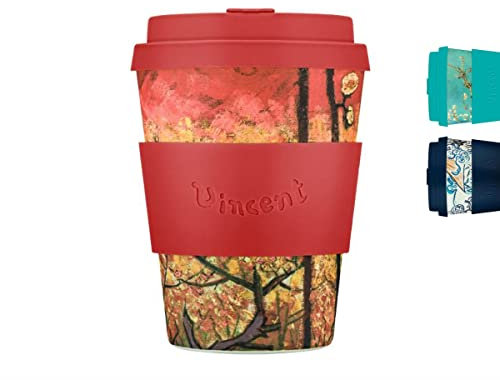Ecoffee Cup 12oz 350ml Van Gogh Collection Reusable Eco-Friendly 100% Plant Based Coffee Cup with Silicone Lid & Sleeve - Melamine Free, Dishwasher/Microwave Safe Travel Mug, Plum Orchard