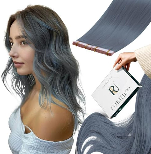 RUNATURE Tape Extensions Echthaar Blau 50cm Unsichtbare Tape in Extensions Echthaar Hellblau Lang Menschliches Haar Echthaar Extensions Tape Glatt Haarverlängerung 10 Stück 25g #Lightblue