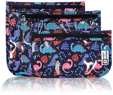 HIONXMGA 3 Stück Kosmetiktasche Transparent - wasserdichte Kulturtasche Multifunktionaler Reise Handgepäck Zipper Beutel für Damen Kinder Familie,Dinosaurier