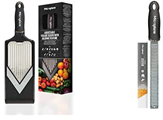 Mandoline en V réglable avec râpe à julienne, avec la pince protège-doigts inclus & Râpe à zesteur en couleur Noir pour agrumes, parmesan, gingembre, chocolat et noix de muscade avec lame fine