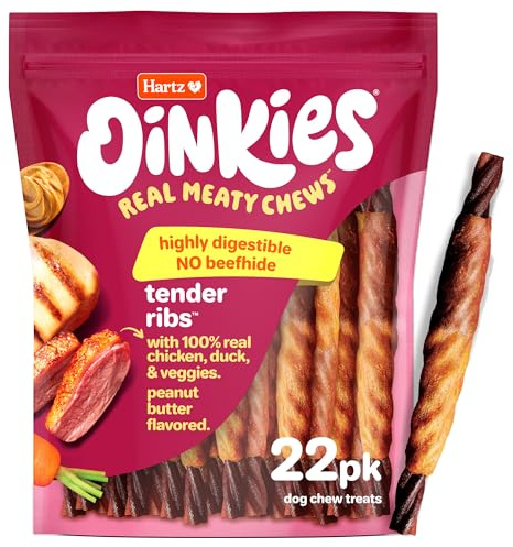 Hartz Oinkies Tender Ribs with Real Chicken, Duck & Veggies, Peanut Butter Flavored Rawhide-Free Dog Treats, Highly Digestible Dog Chews, 22 Count