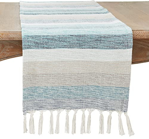 SARO LIFESTYLE Fringed Stripe Table Runner, 16x72, Aqua