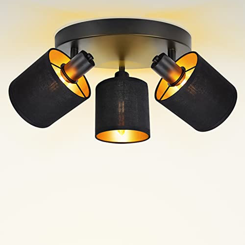 URing Deckenlampe Vintage 3 flammig, Deckenstrahler Schwenkbar E14 Deckenleuchte, Retro LED Deckenspot Spot Deckenlampe Schwarz/Gold für Flur Wand Küche Wohnzimmer Schlafzimmer, Ohne E14 Leuchtmittel