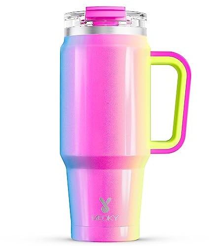 Meoky 32 oz Tumbler with Handle, Insulated Tumbler with Lid and Straw, Stainless Steel Travel Mug, Keeps Cold for 24 Hours, 100% Leak Proof, Fits in Car Cup Holder (Carnival)