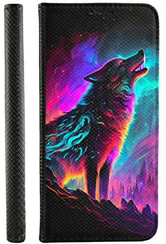 Handyhülle für iPhone 7 Hülle aus Kunstleder zum klappen mit Motiv 3507 Heulender Wolf pink türkis Polarlichter