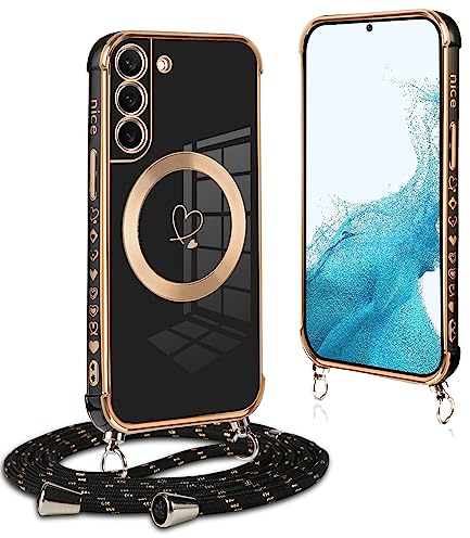Pnakqil Coque Magnétique pour Samsung Galaxy S22 Plus 5G Con Cordon, Compatible avec MagSafe, Silicone Housse avec Motif Coeur d'amour Réglable Collier Lanyard, pour Samsung S22+ 5G, Noir
