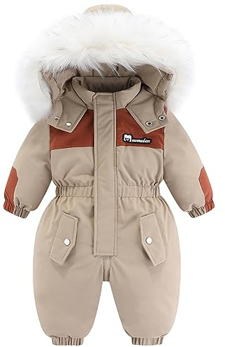 L SERVER Combinaisons de Neige Bébé Garçon Chauds Coupe-vent Combinaison de Ski Fille Epais Polaires Jumpsuit Elégante Vêtements de Ski avec Col en Fourrure Capuche, Kaki, 2-3 ans
