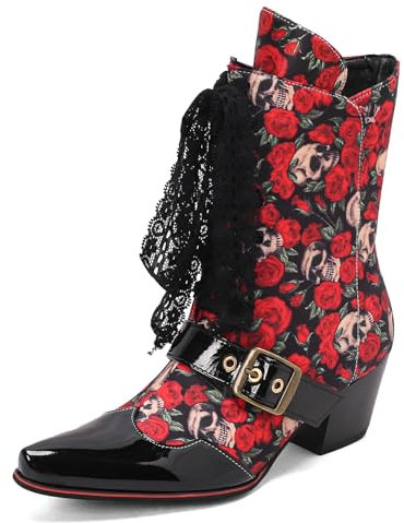 Roimaash Jahrgang Stiefel für Damen Schnüren Victorian Stiefel 70s Western Stiefel Ankle High Blumen Schnalle Belt Witch Costume Goth Stiefel Red Size 38