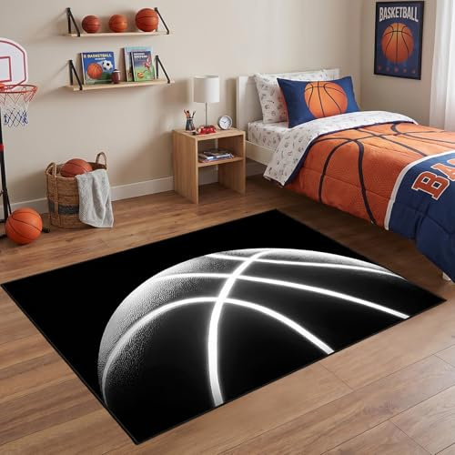 Basketball-Teppich für Jungen-Schlafzimmer – schwarzer Basketball-Teppich, Basketball-Dekor, Boden, Kinderzimmer, Teppich, Spaß, Sport, Basketball-Teppich, bedruckt, weiße Ball-Spielzimmermatte, 60 x