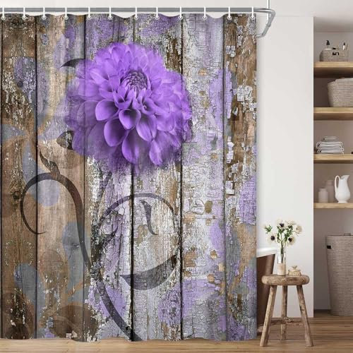 Duschvorhang mit Bauernhaus-Blume, rustikale lila Dahlie, Duschvorhang-Set, ländliche violette Wildgartenpflanze, wasserdichter Stoff-Duschvorhang mit Haken, surrealer Badezimmervorhang, 175 x 178 cm
