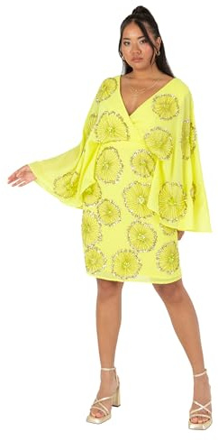 Maya Deluxe Women's Ladies Midi Dress Cape Sleeve Plunge V-Neck Knee-Length Floral Embellished A-line for Wedding Guest Occasion