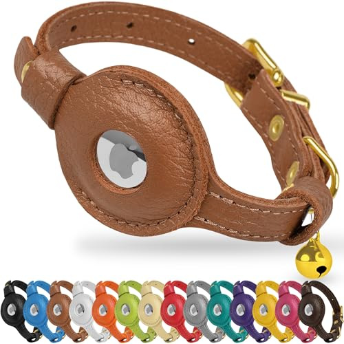 OOPSDOGGY AirTag-Katzenhalsband aus Leder mit Glöckchen, Nicht abreißbar, mit Apple Airtag-Halter, leichtes GPS-Haustierhalsband für Mädchen, Jungen, Katzen, kleine Hunde, Welpen (Hellbraun)