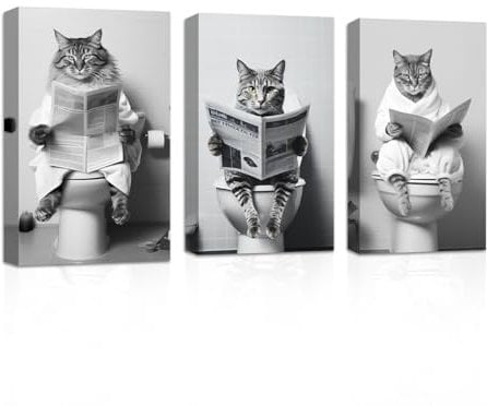 CXHOSTENT Funny Bathroom Wall Decor 3 Piece Animal Cat Sitting on Toilet Reading Newspaper Canvas Prints Black and White Bathroom Picture Framed (Bathroom-3, 28.00 x 35.00 cms x 3PCS)