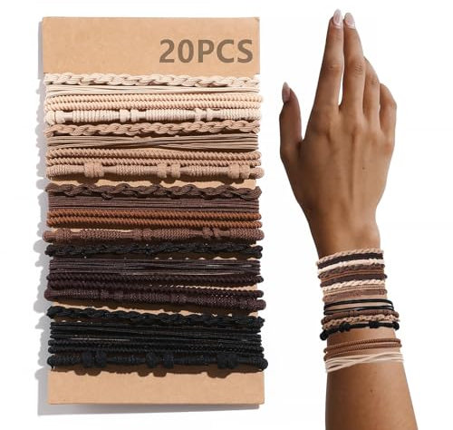 Kryzalite 20 Artikel Boho-Haargummis, braune Armbänder, Haargummis für dickes oder dünnes Haar, 4 Stile Boho-Krawatten für Pferdeschwanzhalter