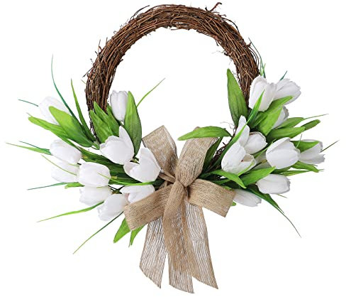 IUIBMI 20Inch Tulip Flower Wreath for Front Door Pink and White Tulip Front Door Wreath Fake Flower Wreaths for Spring, Summer, Winter, Home, Wedding(#3)