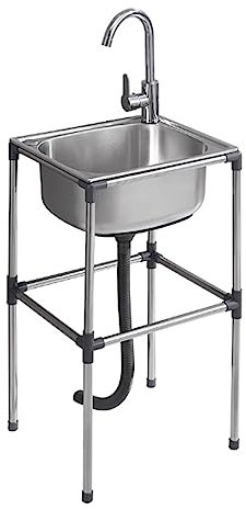 Waschbecken Freistehendes Edelstahl-Waschbecken, Waschküche, Hinterhof, Garagen, freistehendes Waschbecken for den Innen- und Außenbereich, mit Ablageflächen und Abtropfeinheit mit Wasserhahn-Kombinat