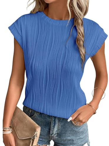 Gemulate Ladies Dressy tee Shirts Round Neck Womens Casual t Shirts Clothing Short Sleeve smart Tops Summer Tunic Blouses Sky Blue S