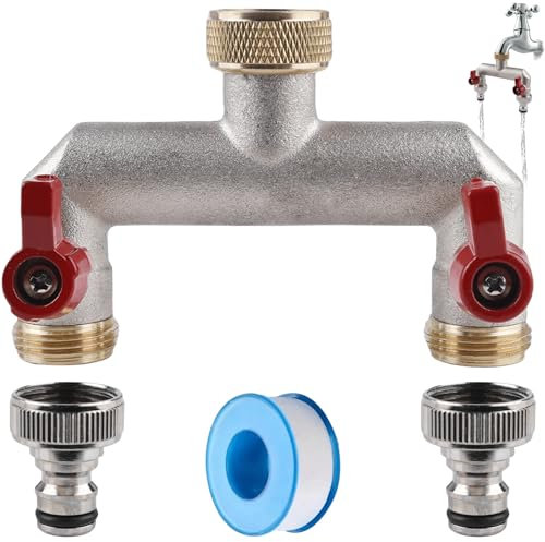 Distribuidor de agua para grifo de 2 vías, de latón para 2 grifos, adaptadores, dispositivos/mangueras de jardín, adaptador de manguera de 3/4 pulgadas, con válvula de bola para ajustar y cerrar el