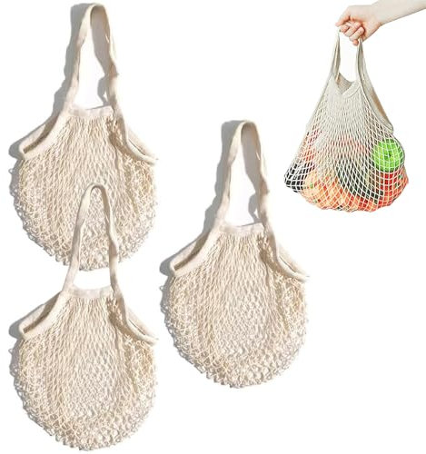 Puedno 3 Stück Einkaufsnetz Wiederverwendbare Einkaufstasche Bio Baumwolle Einkaufstaschen Netz Netzbeutel für Obst Gemüse Markt, Beige, 35×60cm