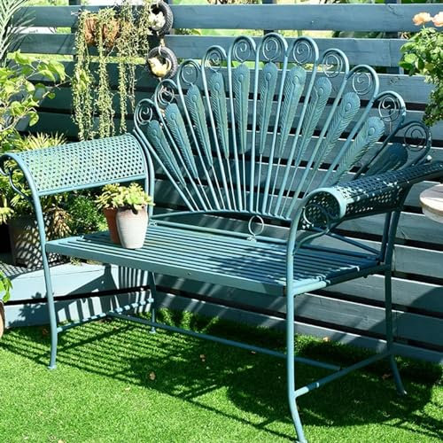 DJJYCTNM Metall Gartenbank Sitz Terrassenmöbel mit Armlehnen Antik Blau Schöne Shabby Chic Handarbeit Vintage