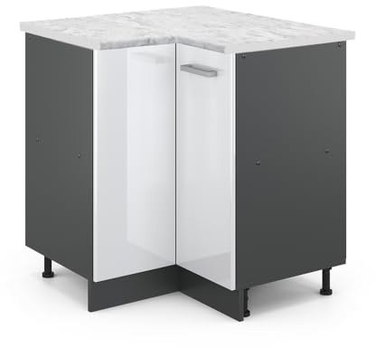 Vicco Eckunterschrank R-Line, Weiß Hochglanz, 75.6 cm | Verbindet zwei Küchenseiten · AP Marmor inkl. · Höhenverstellbare Füße · 1 Einlegeboden · 1 Tür
