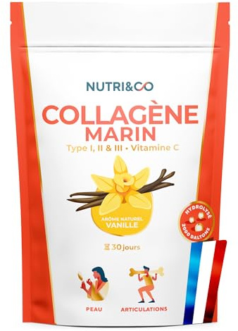 NUTRI&CO Collagène Marin Types 1, 2 et 3 & Vitamine C | Vanille | 30 jrs | Breveté Naticol® & Cartydiss® | Peptides Hydrolysés 2000 DA | 180g | Fabriqué en France