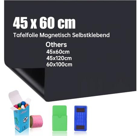 Tafelfolie Magnetisch Selbstklebend, 45x60cm Kreidetafel Magnetisch, Magnettafel Selbstklebend DIY, Inklusive staubfreier Kreide und Schwamm, Wandfolie für glatten Oberflächen in Schule Büro Haus