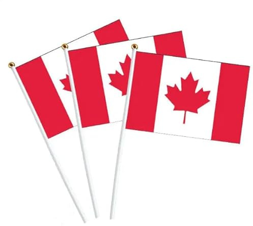 Mini Drapeaux du Canada 14x21 cm – Lot de 10 unités, Bâton en Plastique avec Boule Dorée, Idéal pour Décorations, Célébrations Patriotiques, et Événements