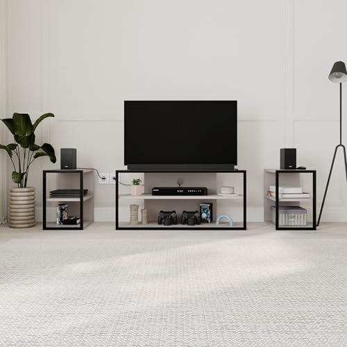 HOCUS PICUS TV Unit Set for TVs up to 43 Inches with 2 Storage Shelf Table, 3 Piece Free Combination Media TV Unit, Metal Frame Particleboard Corner TV Stand Set for Living Room Bedroom (Light Mocha)