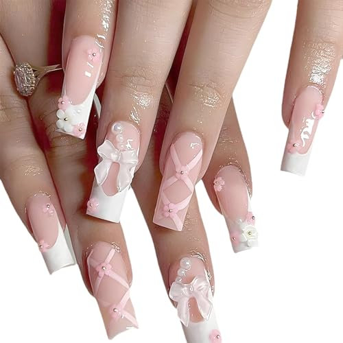 24STK Press on Nails Lange künstliche Nägel Französisch-Tip Nägel zum Aufkleben 3D-Schleifen Blumen Kunstnägel Rosa Weiß Künstliche Nägel Fake Nails Fingernägel Nail Art Zubehör