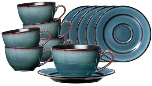 Ritzenhoff & Breker Bali Kaffeetassen mit Untertassen 6er Set, 220 ml, Tassen-Untertassen-Set für 6 Personen, Skandinavisches Design mit Reaktivglasur, Steinzeug, Blau