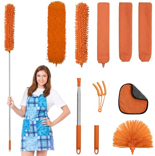 JEHONN Feather Duster Kit 8 PCS for Cleaning, 245 cm Extendable Long Handle Microfiber Cobweb Dusting Brush, Telescopic Dust Remover Tool for High Ceiling Fan AC Vent Wall House Exterior Interior