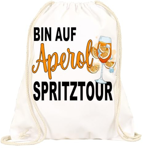 Print Deluxe Rucksack bedruckt mit Spruch, Bin auf Aperol Spritz Tour, Hipster, Sportbeutel, Turnbeutel, Sprüche Jute Beutel, Zuziehbeutel mit Kordeln (Weiss.)