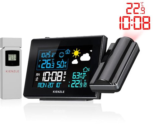 Kienzle Funk-Wetterstation mit Projektion, Farbdisplay, Außensensor, Schimmelwarnung, 2 Weckzeiten