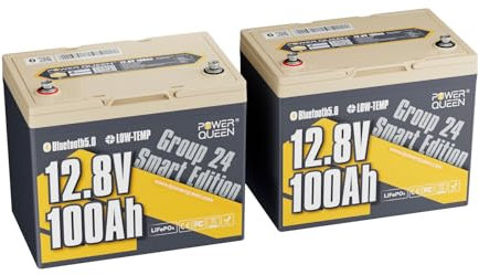 Power Queen 2 Pack 12V 100Ah Batterie Lithium Bluetooth LiFePO4 avec 100A BMS 1280Wh Energie, Max 15000 Cycles, pour Moteurs de Bateau, Camping-Cars, Caravanes, Système Solaire Domestique