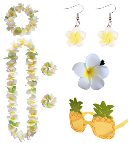 MOAZIFI 6PCS Hawaii Kette Blumen Deko, Hawaii Outfit Damen Zubehör, Blumenketten Hawaii Mit Blume-Armbänder, Ananas Sonnenbrille, Stirnband, Ohrringe, Für Hawaii Kostüm Tropical Luau Party Supplies