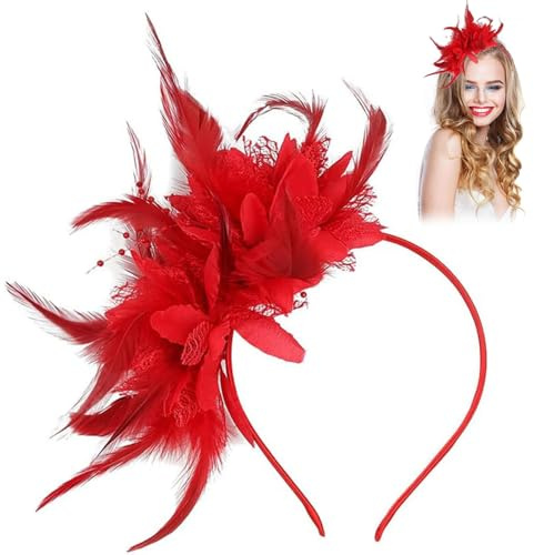 Bibi avec perles et plumes, pour femme, style années 1920, en maille florale, pour cocktail, Halloween, rouge, taille unique