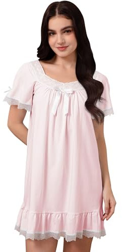 Nanxson Chemise de Nuit Femme en Coton Manches Courtes/Longues Vêtement de Nuit Vintage Victorienne Princesse Robe de Nuit (S,Manche Courte Rose)