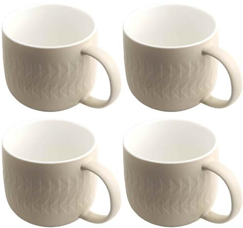 AiXception Ceramic Coffee Mugs Set of 4, White with Geometric Pattern, Microwave and Dishwasher Safe, 450ml