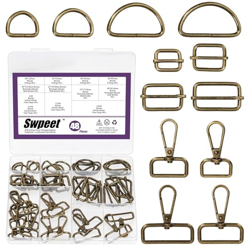 Swpeet 48Pcs 4 Sizes Bronze Metal D Ring & Rectangle Adjuster Triglides Slides Buckle & D Ring Swivel Lobster Clasp Kit, Semi-Circular D Rings Roller Pin Buckles Swivel Snap Hook for Belt DIY Crafts