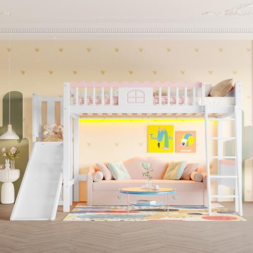 Luxeza Cama alta, cama individual (sin colchón), cuna, con luces LED, con estantes, con tobogán, certificado EN747, madera de pino, 90 x 200 cm, color blanco