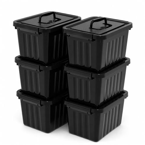 Ikando 6 Packs 6L Black Storage Boxes with Lids, 27 x 19.3 x 16cm | Black Plastic Box with Handle, Stackable Storage Containers for Home, office, Kitchen
