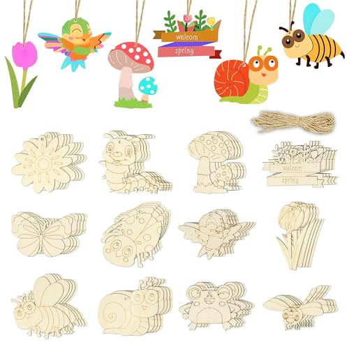 ZSSZD 60 Stück Bastelset Kinder, Holzschmetterlinge, Insekten, Blumen, Pilze, Holzanhänger mit Löchern zum Bemalen, für Mal & Bastelprojekte, Partydekoration, Kindergeburtstag