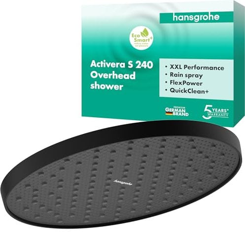hansgrohe Activera S 28057670 Pommeau de douche à économie d'eau (EcoSmart+), 240 mm, 1 type de jet, pour montage mural ou au plafond, avec fonction anti-calcaire, noir mat