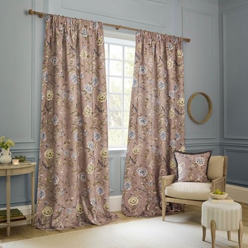 Sanderson Porcelain Garden Room Darkening Pencil Pleat Curtain Pair – Chenille Peony Bird Lined Drapes (Blush - 229x229cm)