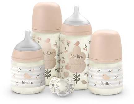 Suavinex, Set Biberons Nouveau-né, Coffret Cadeau avec : 2 x 270 ml Débit Moyen + 2 x 150 ml Débit Lent + Sucette de 0 à 6 Mois, Tétines Symétriques SX Pro en Silicone, 5 Pièces, +0M, Birdies Rose