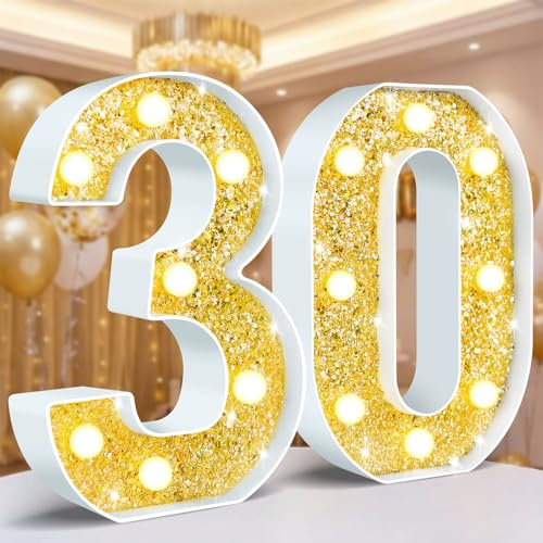 Ledido Gold Glitter Light Up Number 30 for 30th Birthday Decorations | Lighted Number Sign for Birthday, Gold Letters as Birthday Gift for Anniversary Wedding Party Decor, Night Lights for Bedroom