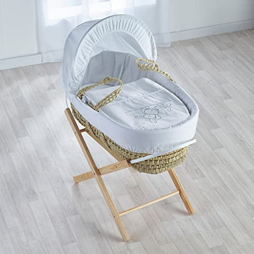 ELEGANT BABY White Teddy Wash Day Palm Moses Basket with Natural Folding Stand, Adjustable Hood, Fibre Mattress & Padded Liner