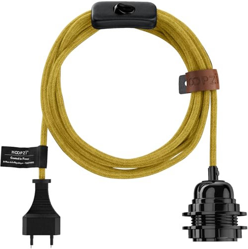 Hoopzi - Fil électrique en Tissu de 4,5M pour Éclairer Partout Chez Vous - Douille Ampoule E27 avec Interrupteur - Créez Votre Suspension Luminaire, Baladeuse, Lampe Suspendue - Bala Lin Moutarde